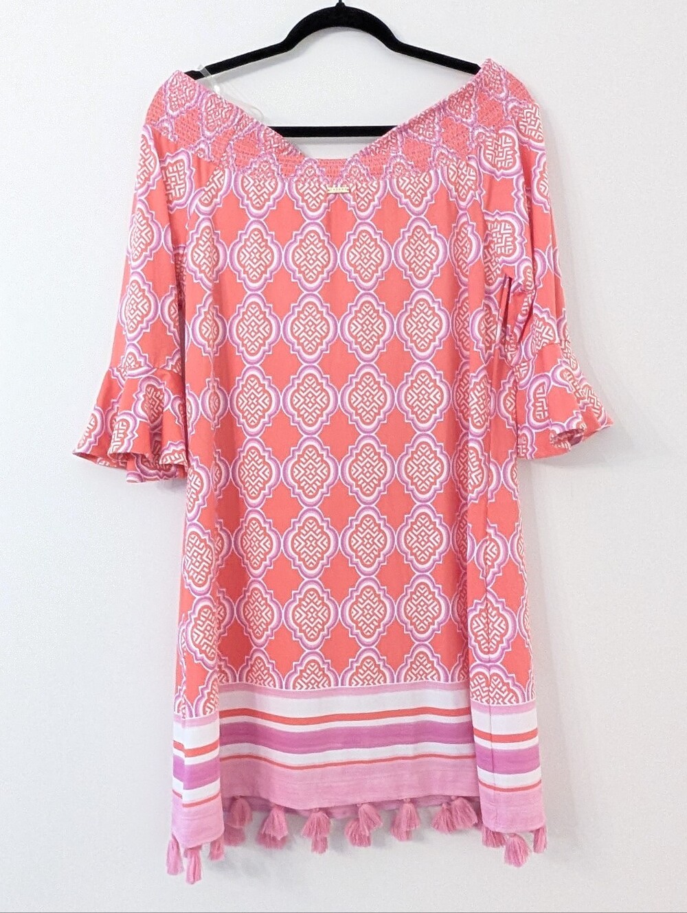 Cabana Life St. Barts Off the Shoulder Dress Coral Geo Coverluxe Smocked Dress - Picture 7 of 7